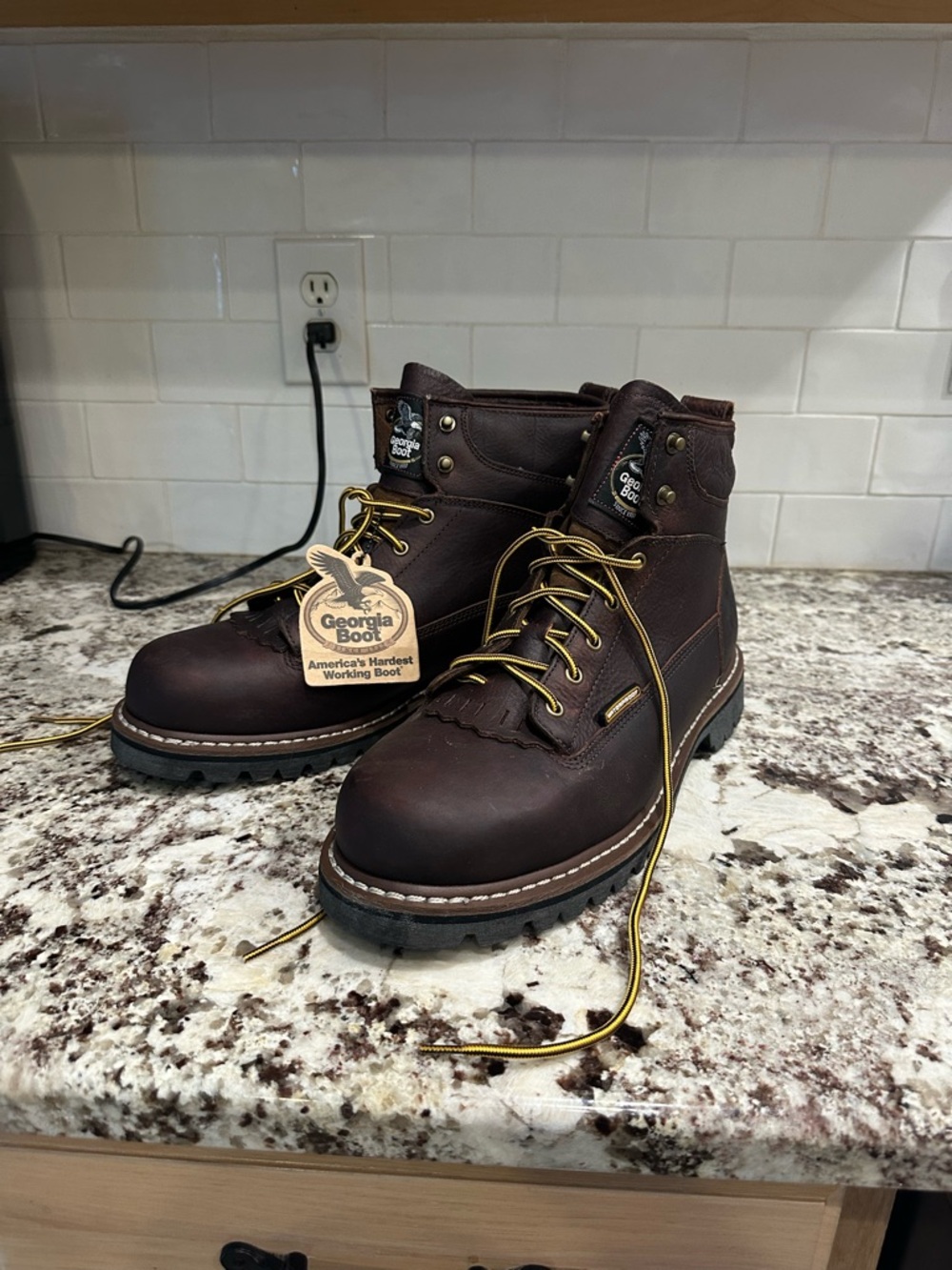 Georgia Boot Dark Brown Work Boots with Gold Laces
